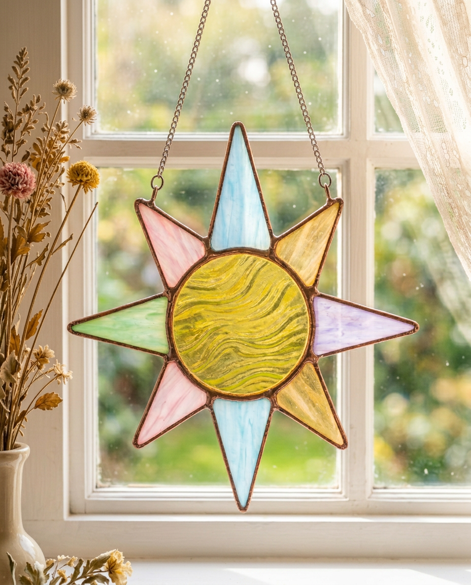 A stained glass eight-point star suncatcher in butter yellow, blush, sage, sky blue, and lavender, hanging in a sunlit window.